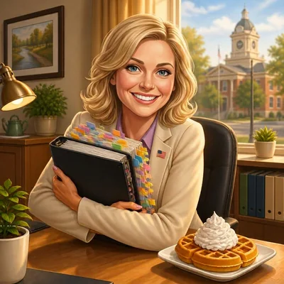 Caricature of a cheerful blonde small-town parks-department deputy director hugging a color-coded binder