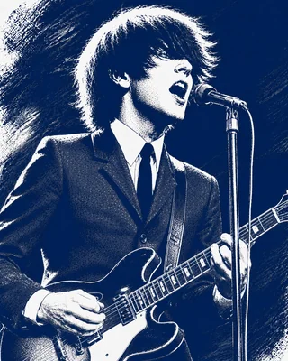 Blue ink illustration of a moptop-haired singer with bass guitar at a microphone