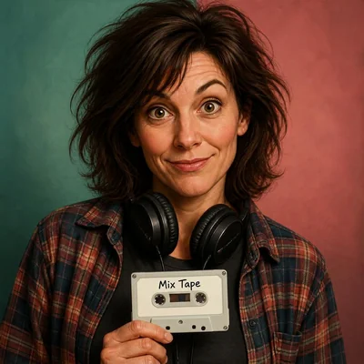 Portrait of a Gen X woman in a flannel shirt with headphones and a cassette mixtape