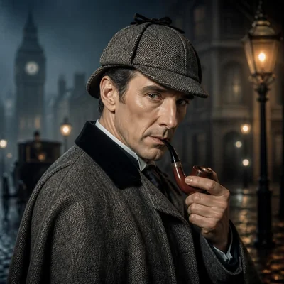 Caricature portrait of Sherlock Holmes in a deerstalker with a magnifying glass