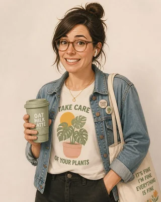 Portrait of a millennial in a denim jacket holding an oat milk latte