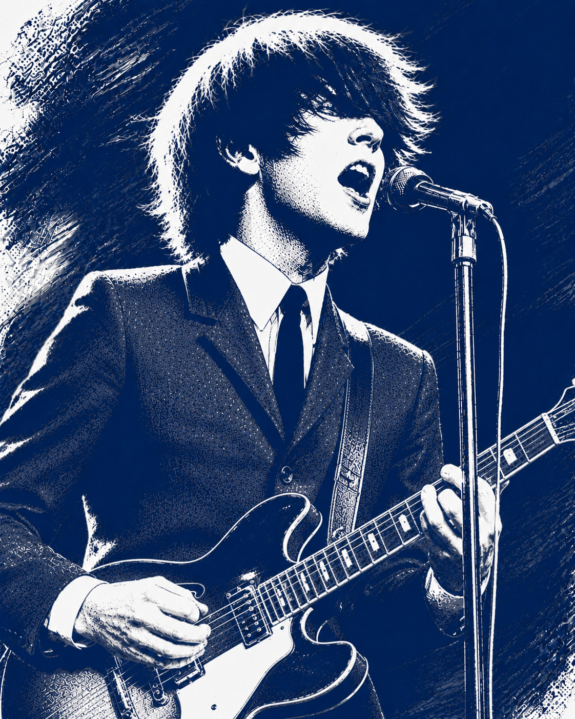 Blue ink illustration of a moptop-haired singer with bass guitar at a microphone