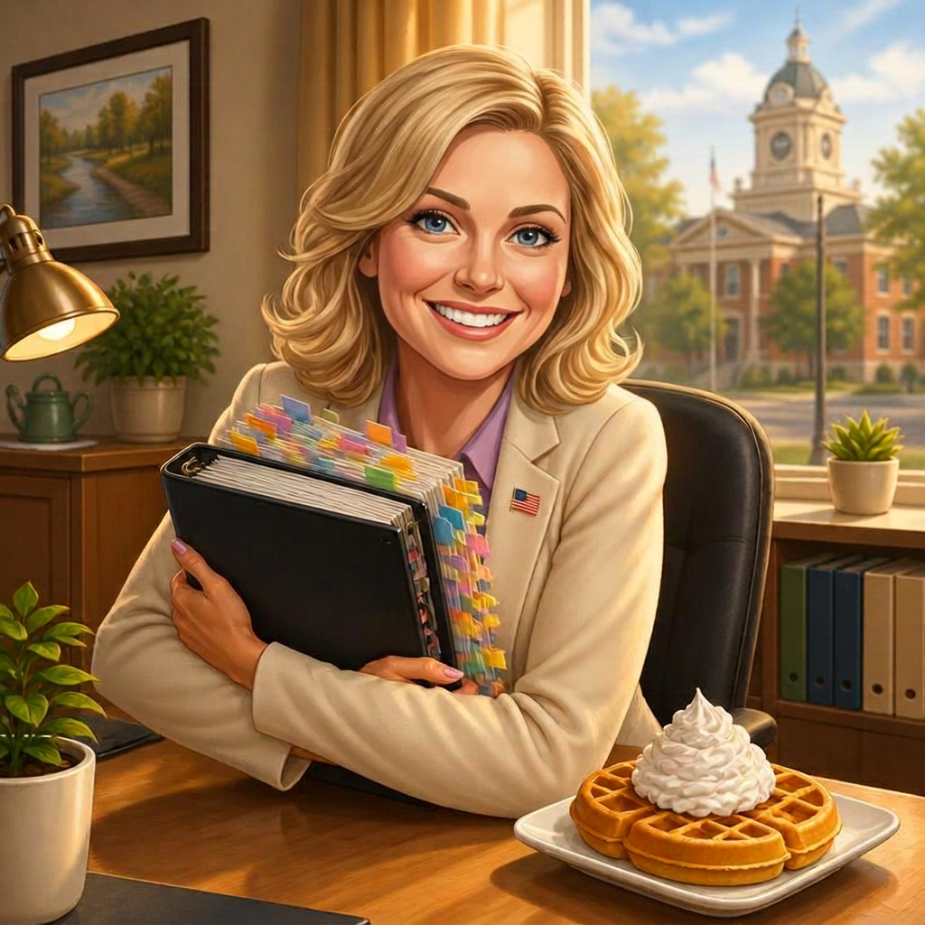 Caricature of a cheerful blonde small-town parks-department deputy director hugging a color-coded binder