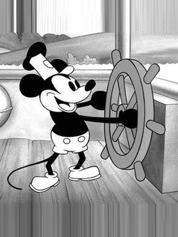 1928 black-and-white cartoon deckhand at the wheel of a riverboat