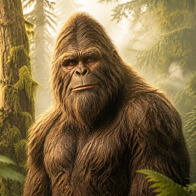 Portrait of Bigfoot peering out from a misty evergreen forest