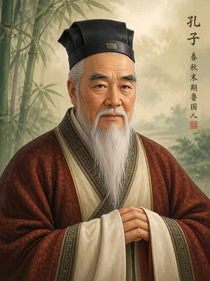 Portrait of Confucius with a long white beard, black scholar's cap and red robe