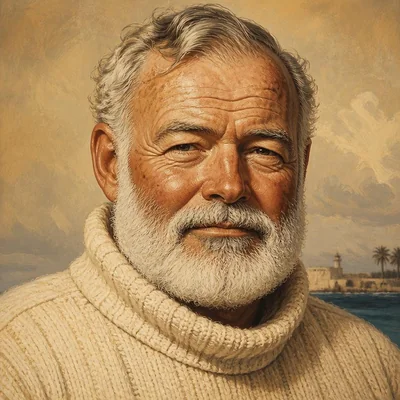 Caricature portrait of Ernest Hemingway with a white beard and cream turtleneck