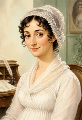 Portrait of Jane Austen in a Regency lace cap and white muslin dress