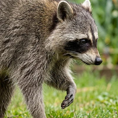 Portrait of Jimothy, the round short-bodied raccoon from Seattle's Ballard neighborhood