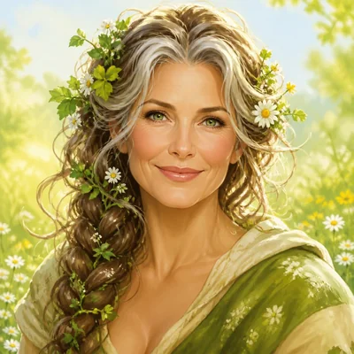 Portrait of Mother Nature, a bright smiling woman with flowers braided into her hair