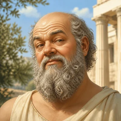 Portrait of Socrates, bald with a full grey beard and cream tunic