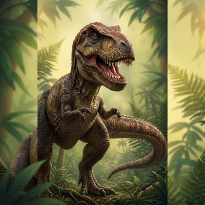 Caricature of a Tyrannosaurus Rex smirking with big teeth