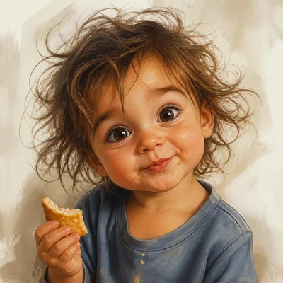 Cartoon caricature of a wide-eyed toddler mid-word